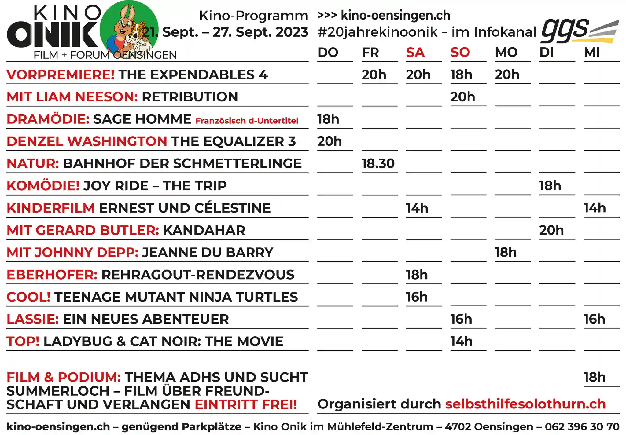 Kinoprogramm W38 - Kino Onik Oensingen